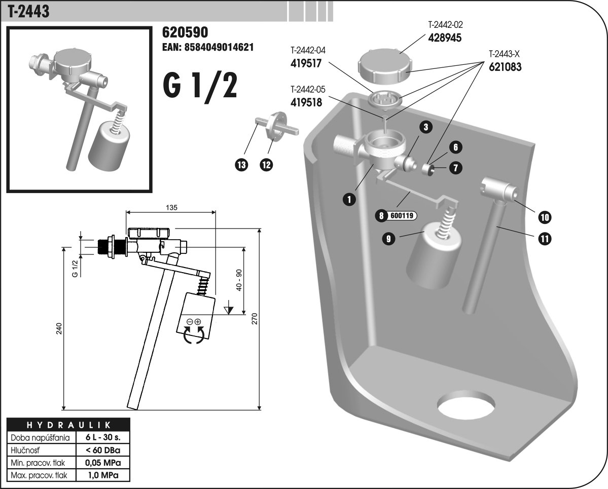 Obrázek k výrobku 14239 - Slovplast T-2443 plovákový ventil boční